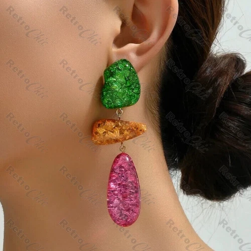 ZARA dup 9cm big MULTI COLOUR RESIN DROP STATEMENT EARRINGS green hot pink gold