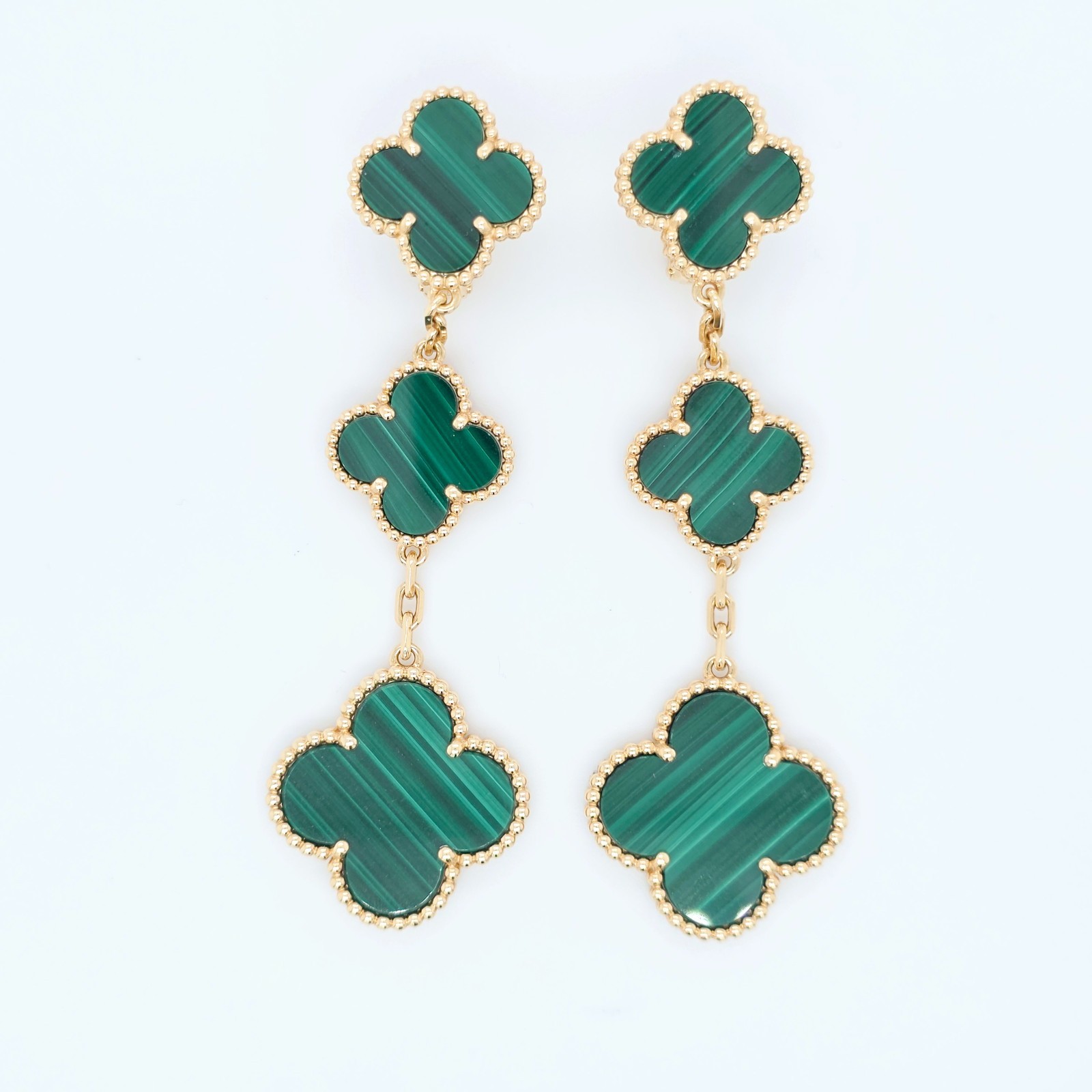 Van Cleef & Arpels Magic Alhambra Malachite 3 Motif Earrings, 18ct Yellow Gold