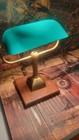 Vintage Banker's Desk Lamp Brass Base Green Glass Shade Pull Chain — photo 1