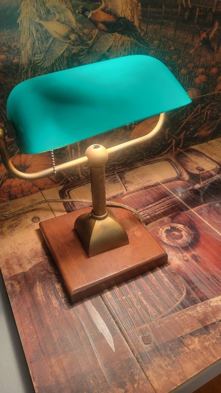 Vintage Banker's Desk Lamp Brass Base Green Glass Shade Pull Chain