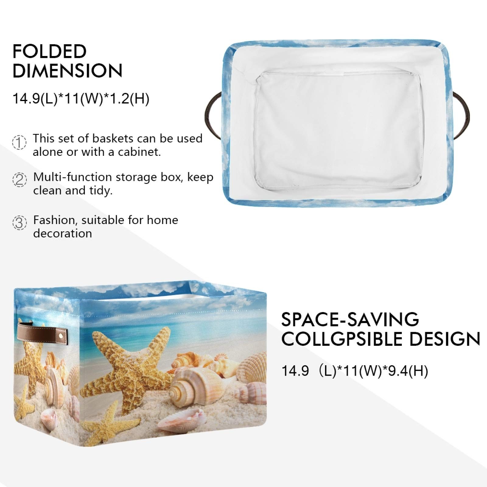 Storage Basket Sea Ocean Beach Starfish Shell Storage Cube Durable Canvas Col...
