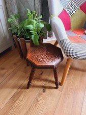 Antiqe Oak Stool Arts & Crafts Wooden Table Hand Carved Gothic Nordic Design 