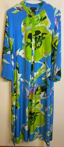 Natori Half Zip Side Pockets Kaftan Muumuu Nightgown Blue Floral Komono Dress M