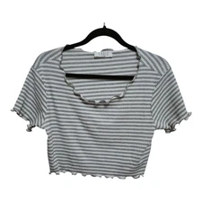 Labiz Cropped Top Gray White Stripes Short Sleeves No Size Tag