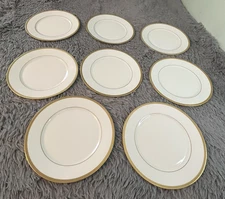 Oxford Bone China Bennington Dinner Plates 8pc + 3 Saucers Gold Rim Made USA