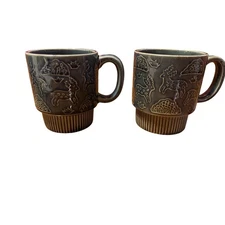 Vintage Blue Deer Embossed Etched Stackable Cups Coffee Cup Made in Japan 6OZ