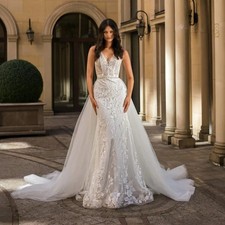 Elegant Mermaid Wedding Dress Lace Applique Detachable Train V-neck Bridal Gown