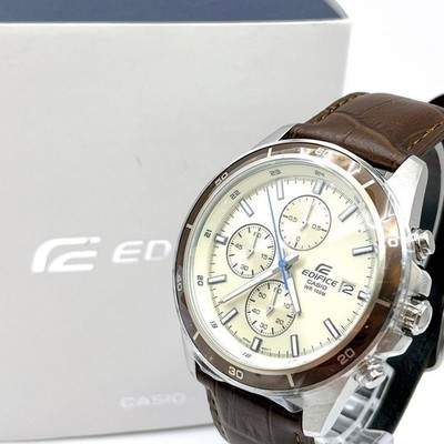 Casio Edifice EFV 540L 7AV Wristwatch Silver Ivory Dial Brown Leather