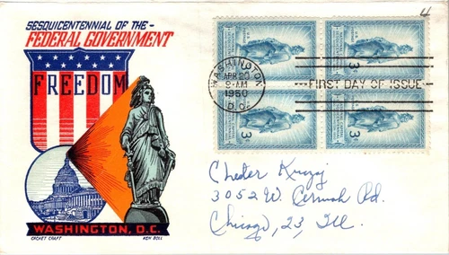 THE STATUE OF FREEDOM NATIONAL CAPITAL 1950 STAMP BLOCK KEN BOLL CACHET FDC