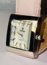 Vintage Women’s Luxury Silver MOP Pearl Rectangular Watch Pink Leather Band