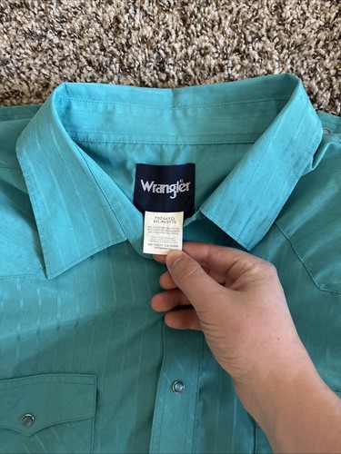 Vintage 90s Wrangler Men's Teal Pearl Snap Stripe Rodeo Western Shirt Size 2XL - Picture 9 of 9