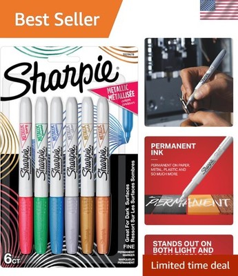 Brilliant Metallic Permanent Markers Set - 6 Fine Tip Colors for Arts & Crafts