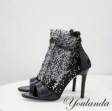 Summer Women's Rhinestone Peep Toe Stiletto Heel Sandals Mesh Roman Shoes Party