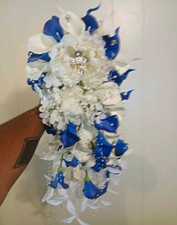 Artificial White  Blue Calla Lily Cascading Wedding Bouquet, Fabric 24x8