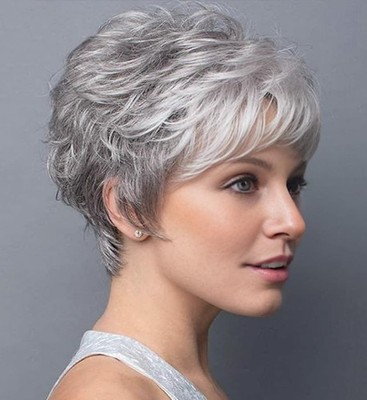 Short Grey Wigs for White Women Pixie Cut Gray Wigs with Bangs for Older Women