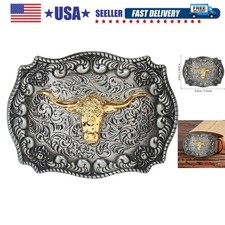 Western Cowboy Cowgirl Belt Buckle, Long Horn Bull Western Belt Buckle for Me...