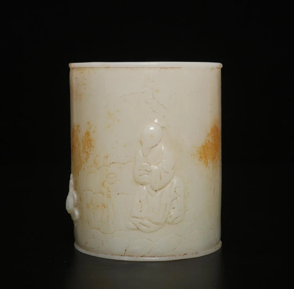 Antigua olla china antigua de jade blanco con figura Foto 3 de 4