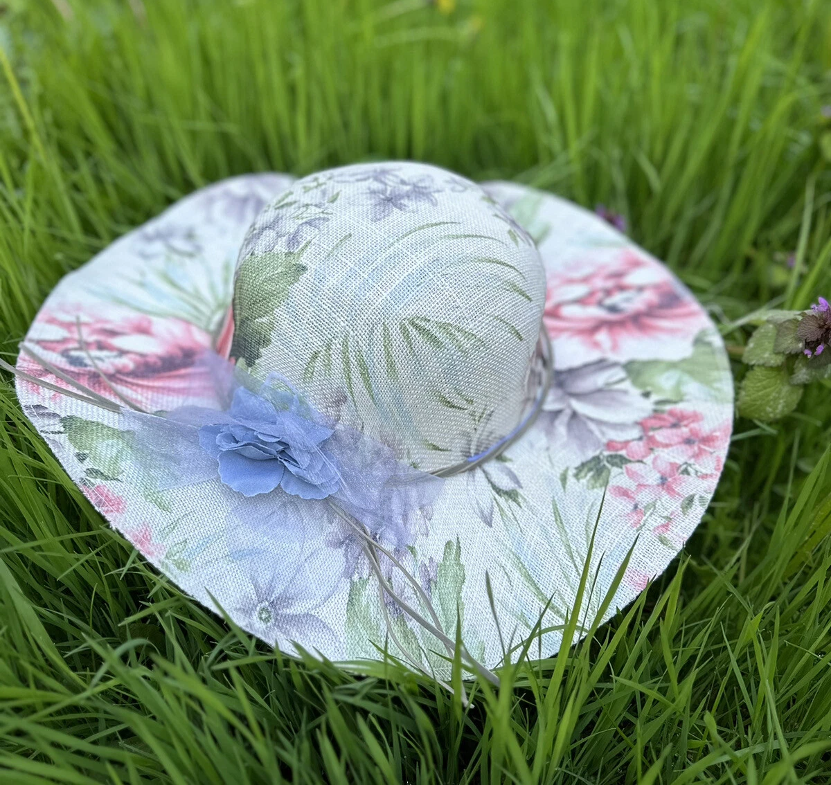 Summer Hat Large Brim Floppy Handmade, Sun Protection Women Cute Pink Flower