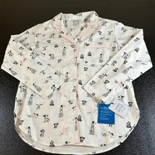 Sleep Sense Dog Print Pajama Top Flannel Sleepwear Button Up White Womens Small