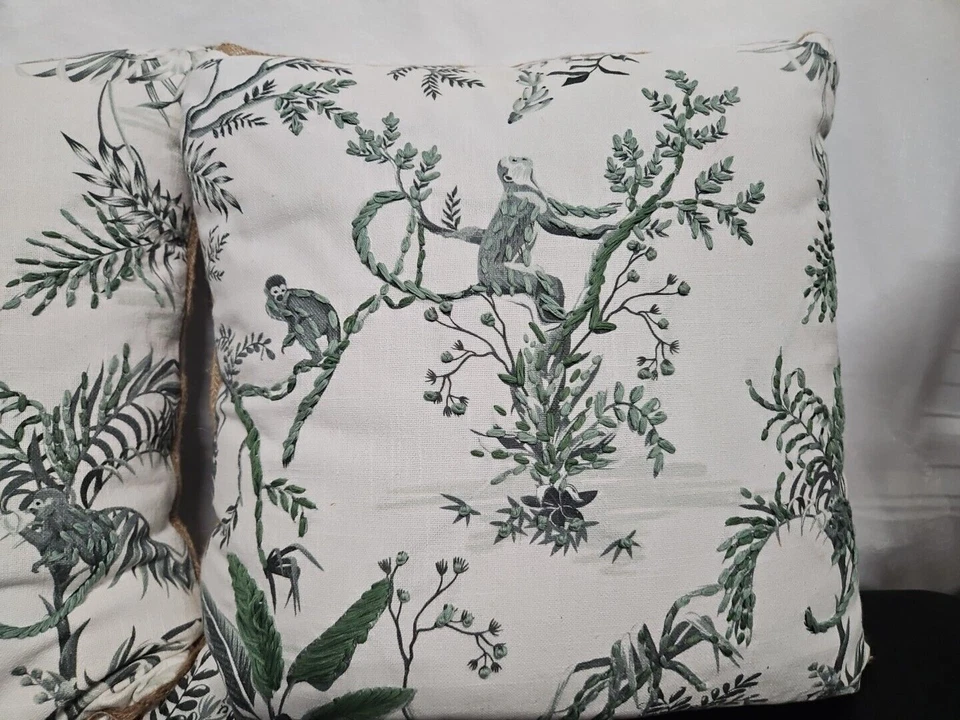 Gorgeous Pair Of Green Embroidered 18"  Pillow Casings Only W/Adorable Monkies - Image 3 of 4