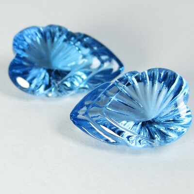 10.20Cts Stunning Natural Swiss Blue Topaz Leaf Carving Matching Pair Gemstones