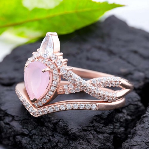 9k Solid Gold 7x5MM Pear Shape Natural Rose Quartz Ring Set Cubic Zirconia Ring - 第 5/10 張圖片