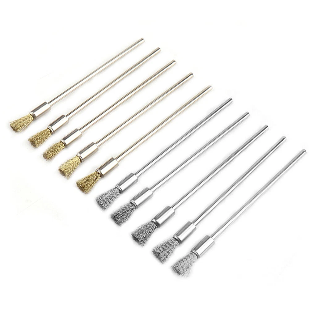 10Pc Stainless Steel Brass Wire Brush Pen Set 3mm lengthen Shank For Rotary Tool
