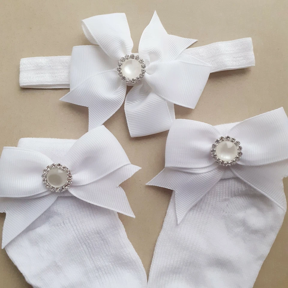 Baby Girĺ Socks and Headband, white baby set, baptism girl socks - Image 4 of 4