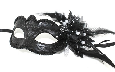 MIDNIGHT SCHWARZE MASKE MIT BLUME/PERLEN VENEZIANISCHE MASKERADE PARTY BALL ABSCHLUSSBALL AUGE 