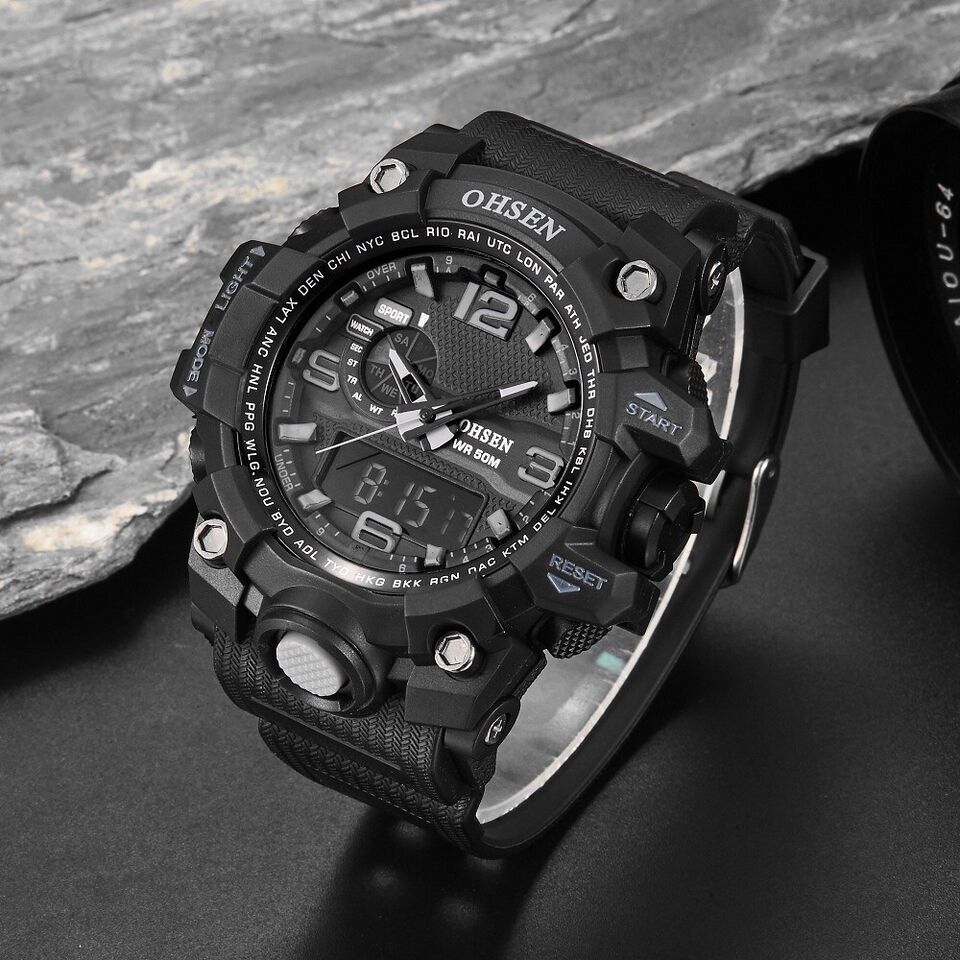 OHSEN Sports Men's Resin Quartz Analog & LED Digital Alarm Stopwatch Wrist Watch