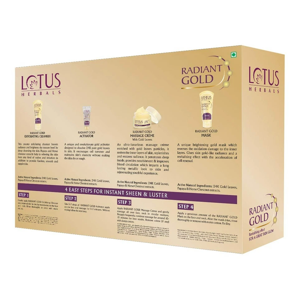 Kit facial Lotus Herbals oro radiante brillo instantáneo con paquete de oro puro de 24K 170 g Foto 2 de 4