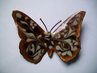  Enamel on Copper  Pin Brooch -SIGNED INGA- LARGE BUTTERFLY SHAPE -BROWN/CREAM