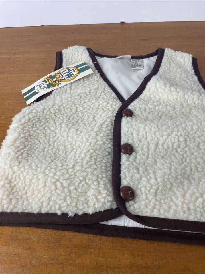 Colete Vintage TFW Kidz Sherpa Lã Falsa Botão Branco com Borda Marrom Meninos 4 - Imagem 4 de 4