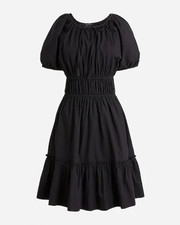 NWT J CREW Black Cinched Smocked Waist Puff Sleeve Dress Sz S