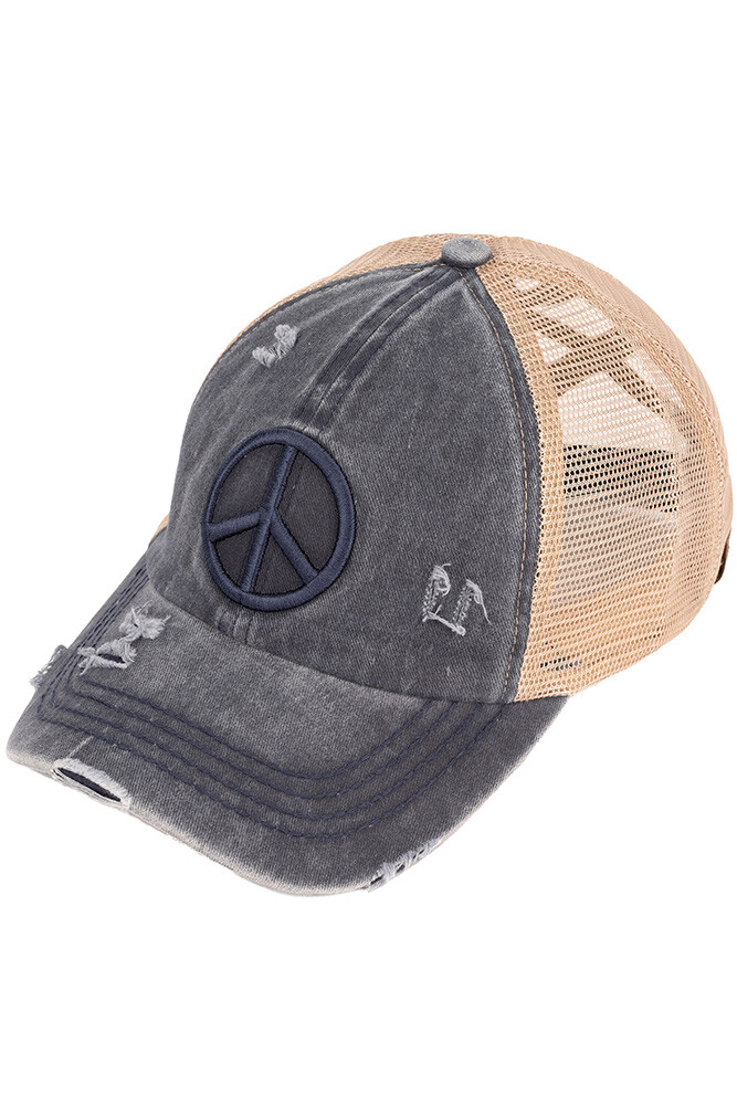 #704-L Distressed Embroidered Peace Sign Criss Cross High Pony Ball Cap Hat Accessories | 74l Distressed Embroidered Peace Sign Criss  main image 4