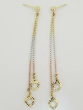 Dangling Shoulder Knocker Earrings 14k Gold Tri-color Diamond Cut With Hearts 3"