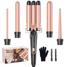5 in 1 Wand Curling Iron-Kinked Curling Wand Set + Flat Iron Hair Straightener