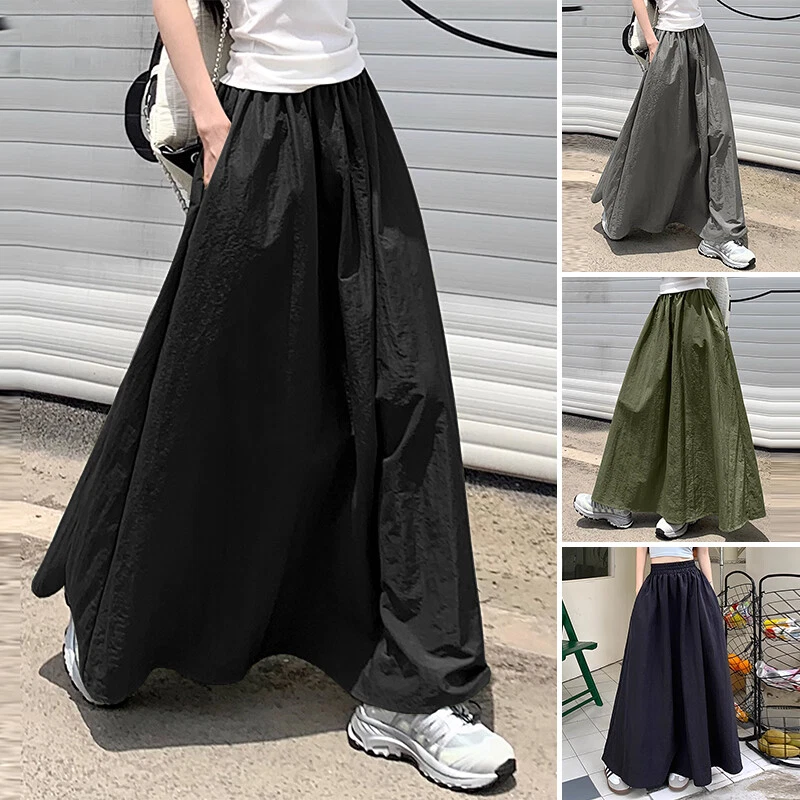 Women Summer Elastic High Waist Pockets Casual Loose Skater A-Line Long Skirt Foto 4 de 4
