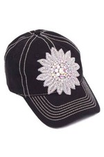 Womens Baseball Cap w/ Giant Sequined Flower - White