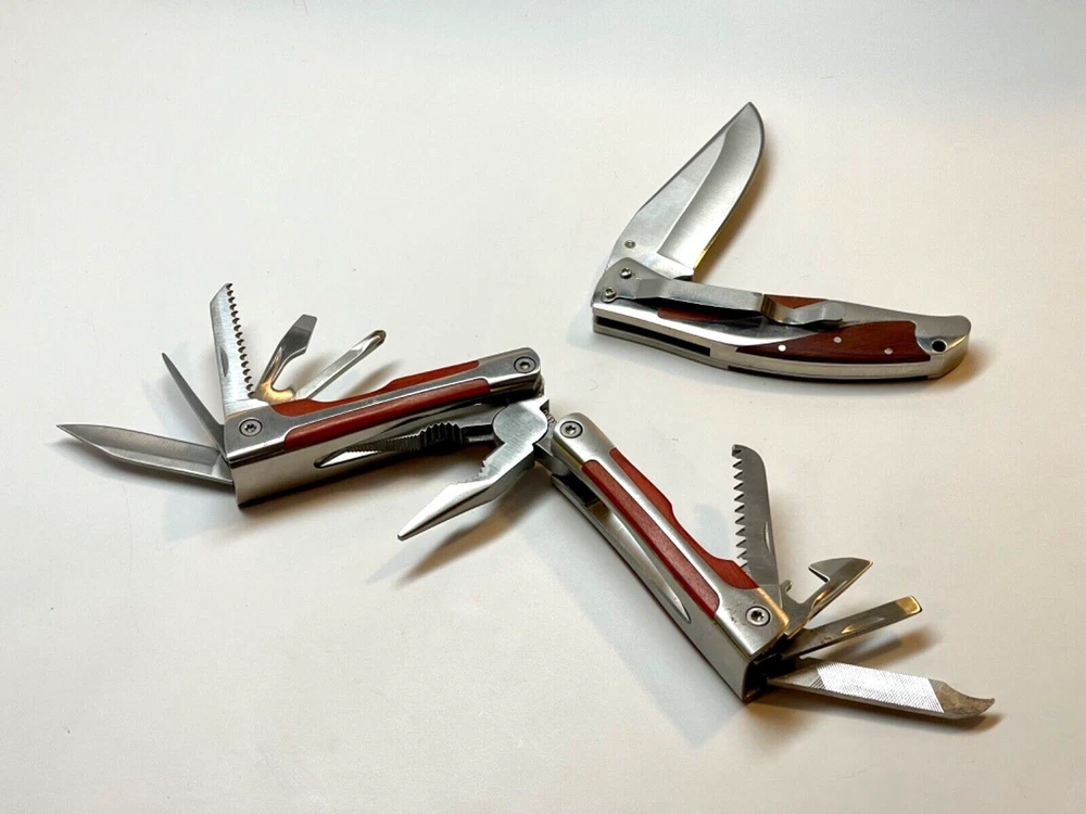 Multi Tool and Folding Knife Set - Stainless Steel Blades w/Wood Handle Inlays