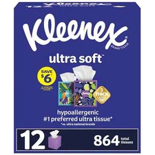 Kleenex Ultra Soft Hypoallergenic 3-Ply Facial Tissues 12 Cube Boxes, 72 tissues