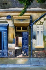 Stretched, Storefront in Blue, Hand Painted Oil Painting 24x36in