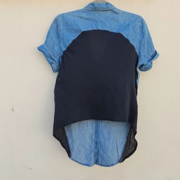 Helmut Lang Denim Chambray Contrast High Low Button Up Blouse - Image 3 of 4