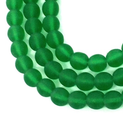 50 Czech Frosted Sea Glass Round Beads - Matte -Green Emerald 6mm
