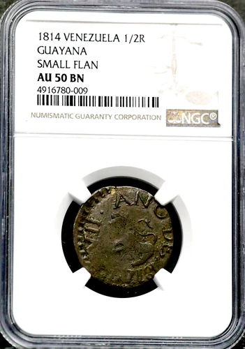 1814 1/2R Venezuela (Guayana) 1/2 Real Coin - NGC AU 50 BN - Small Flan  CC499