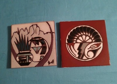 Vtg Cleo Teissedre Hand Painted By Tu-Oti Kiln Fired Ceramic Tiles 4'' One Signed
