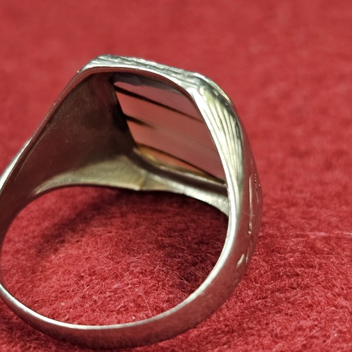 Vintage Ostby & Barton 10K White Gold Banded Agate Art Deco Statement Ring Sz 10 - Picture 11 of 16