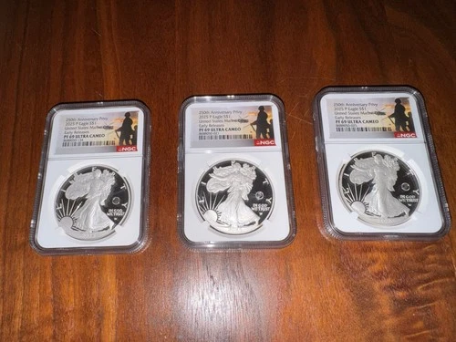 Lot of Three: 2025 Proof American Silver Eagle Marine Corps Privy NGC PF69 3oz