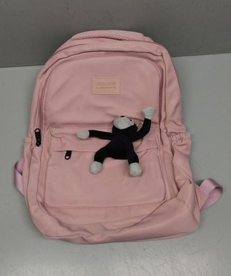 JARKIARD Pink Kids Backpack with Plush Monkey Keychain, Canvas, 17.7x12.6x5.1in