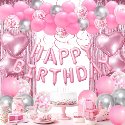 Pink Birthday Decorations Banner Confetti Balloons Fringe Curtain Heart Foil - Picture 17 of 21